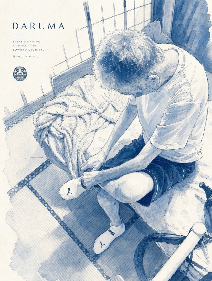 身の回りの動作にご自身で取り組む利用者さんを描いた挿絵